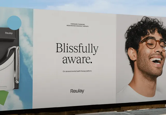 Mental health service billboard with portrait, minimal, light-mode, light