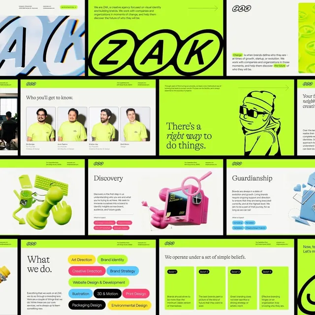 ZAK creative agency brand identity system, maximalist, geometric, dark