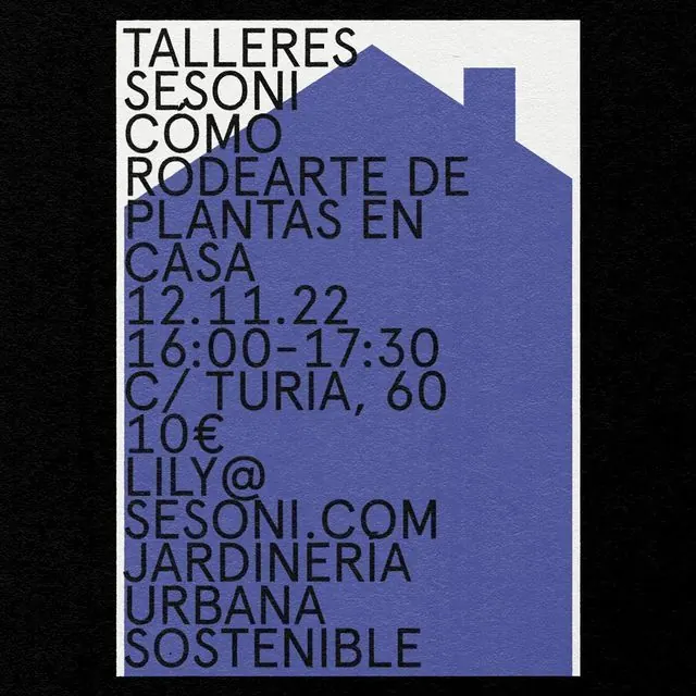 Sesoni event poster with blue house silhouette, minimal, geometric, dark