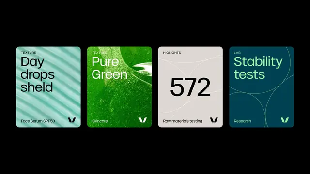 Skincare product cards: teal and green modular layout, minimal, corporate-clean, cool