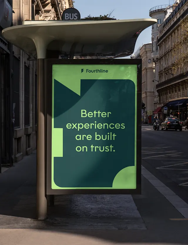 Fourthline bus shelter advertisement, minimal, corporate-clean, dark