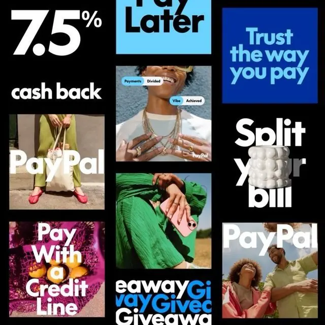 Dense promotional collage for fintech services, flat, maximalist, dark