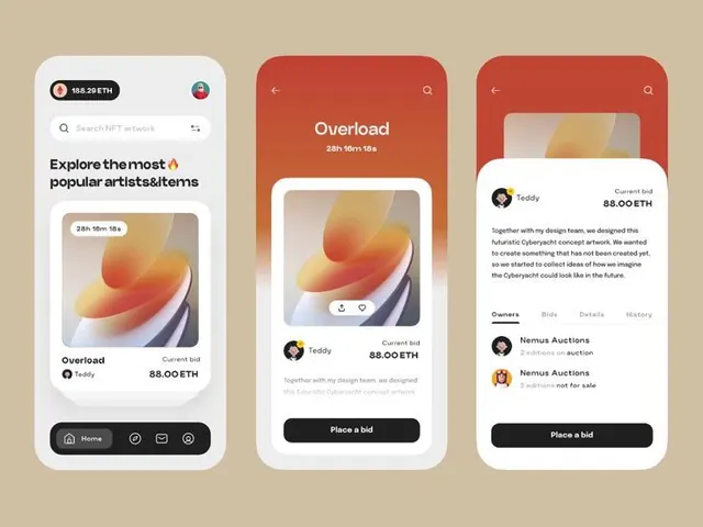 NFT marketplace mobile app screens, minimal, flat, pastel