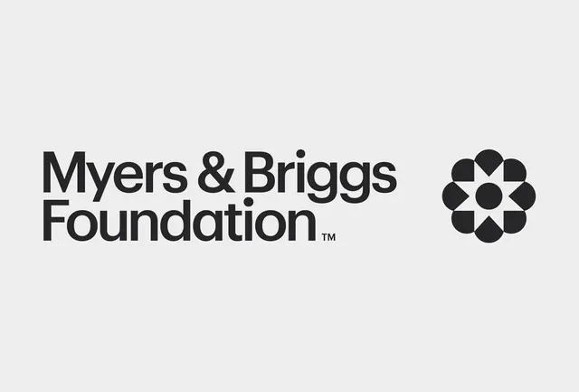 Myers & Briggs Foundation logo with geometric seal, minimal, corporate-clean, dark