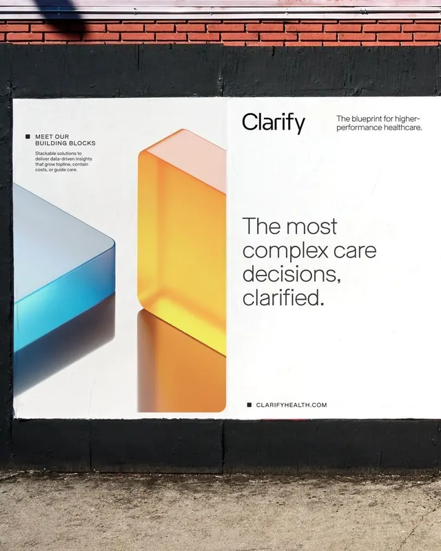 Healthcare billboard with isometric 3D color blocks, minimal, geometric, light