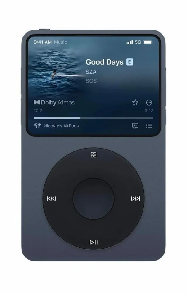 Portable music player UI and industrial design mockup, minimal, dark-mode, dark