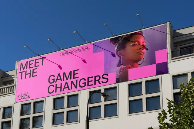 Neon magenta outdoor billboard with oversized sans-serif, gradient-heavy, corporate-clean, vibrant