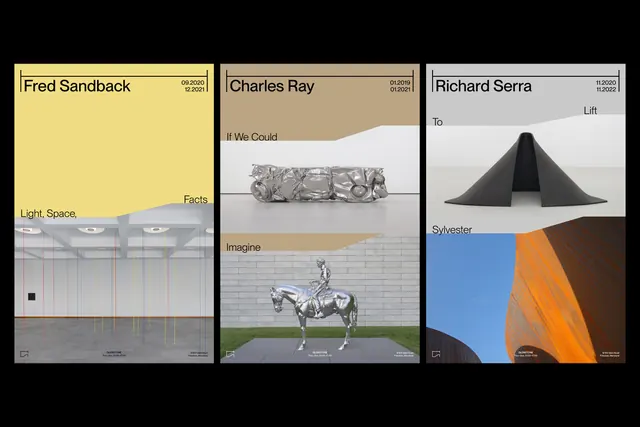 Museum exhibition poster triptych with sculptural imagery, minimal, geometric, light