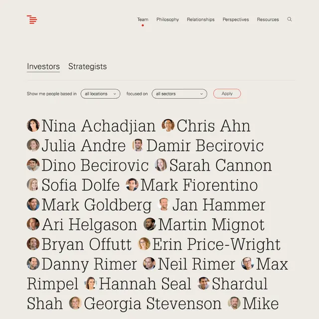 Team roster layout with category grouping, minimal, corporate-clean, light