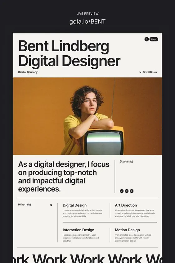 Designer portfolio hero with warm earth tones, minimal, light-mode, warm