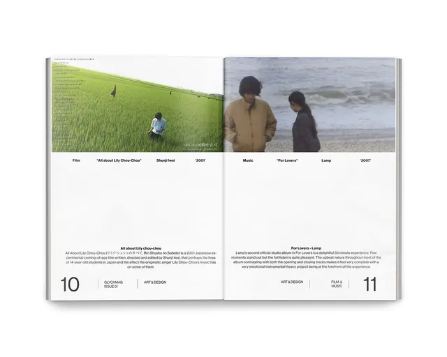 Minimalist editorial spread with film and music curation, editorial, minimal, light