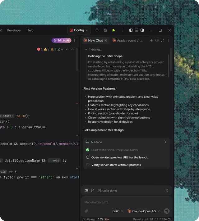 Developer-focused chat interface with task planning overlay, dark-mode, technical, dark