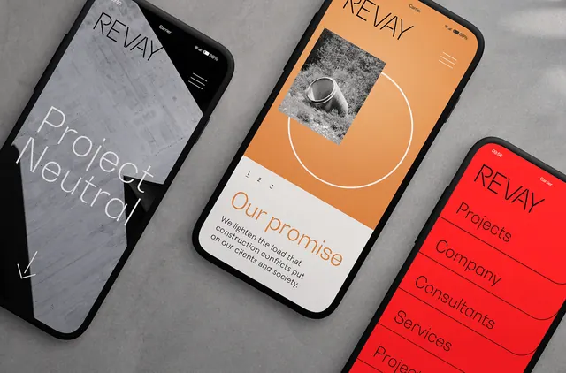 REVAY Mobile App Mockup, minimal, corporate-clean, high-contrast