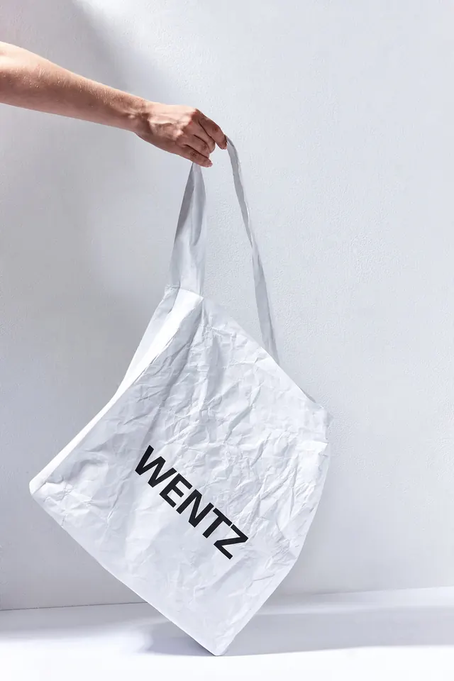 White Tote Bag with Black Wordmark, minimal, corporate-clean, high-contrast