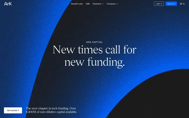 ARK Capital fintech hero with diagonal geometry, gradient-heavy, dark-mode, dark