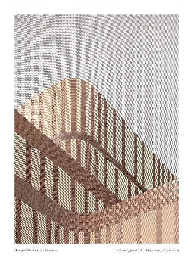 Isometric striped building facade illustration, illustrated, geometric, earthy