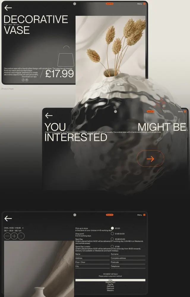 E-commerce product detail pages with dark theme and orange accents, dark-mode, minimal, dark