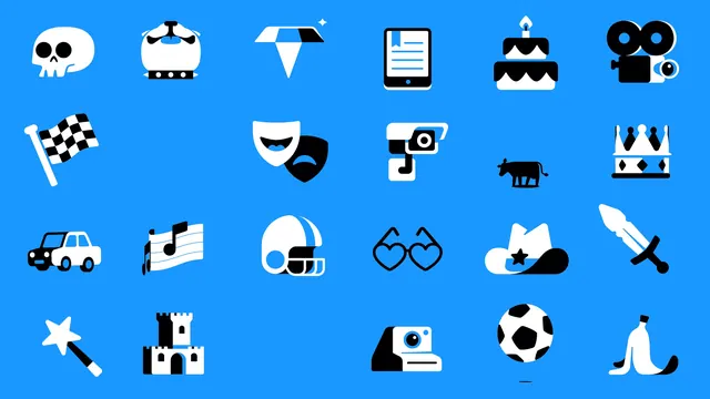 Playful icon set with black and white symbols, geometric, flat, vibrant