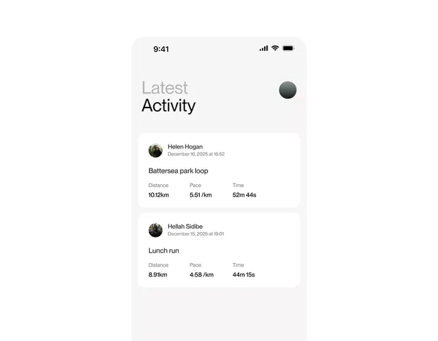 Fitness activity feed mobile UI, minimal, light-mode, light