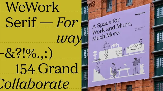 WeWork coworking poster with typography and illustration, corporate-clean, illustrated, warm