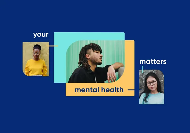 Mental health awareness composition with framed portraits, minimal, geometric, dark