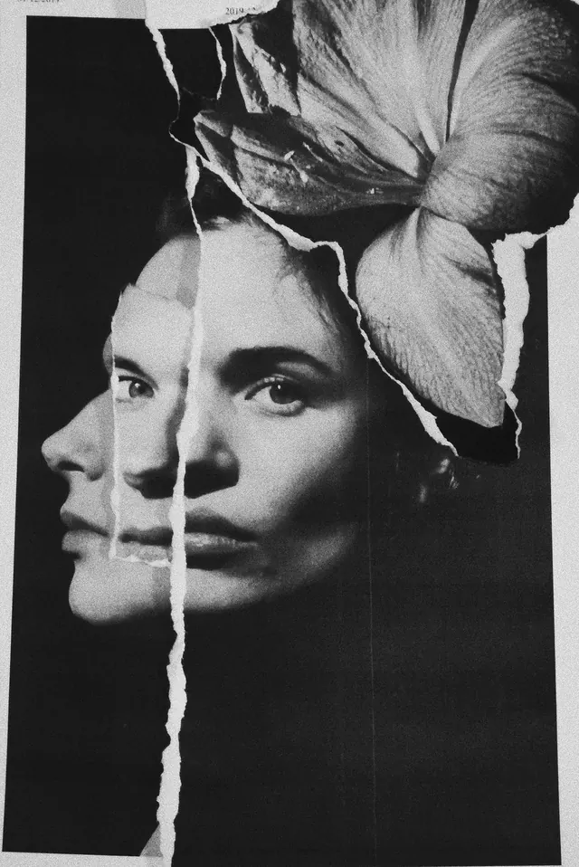 Torn paper collage with woman's face and flower, minimal, editorial, monochrome