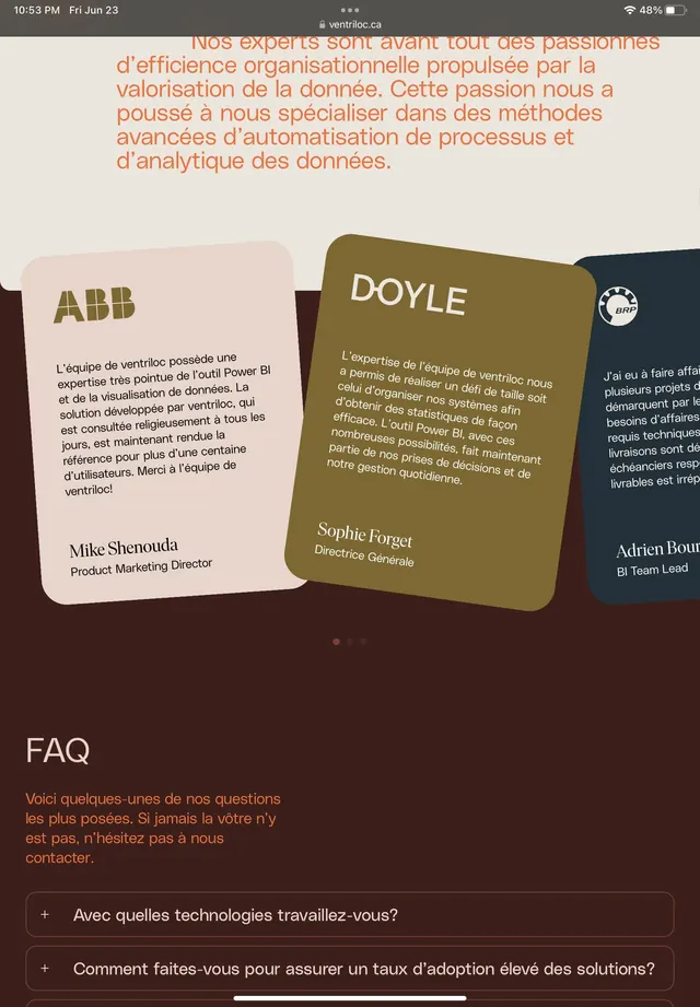 French corporate case study with testimonial cards and FAQ, minimal, corporate-clean, warm