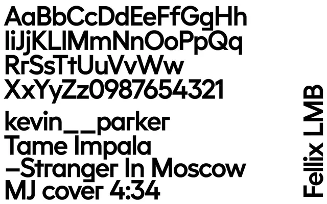 Bold sans-serif type specimen with artist names, minimal, bold, monochrome