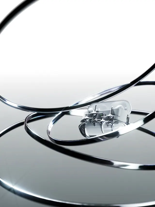 Abstract 3D glass capsule with metallic structure and rings, minimal, 3d-render, light