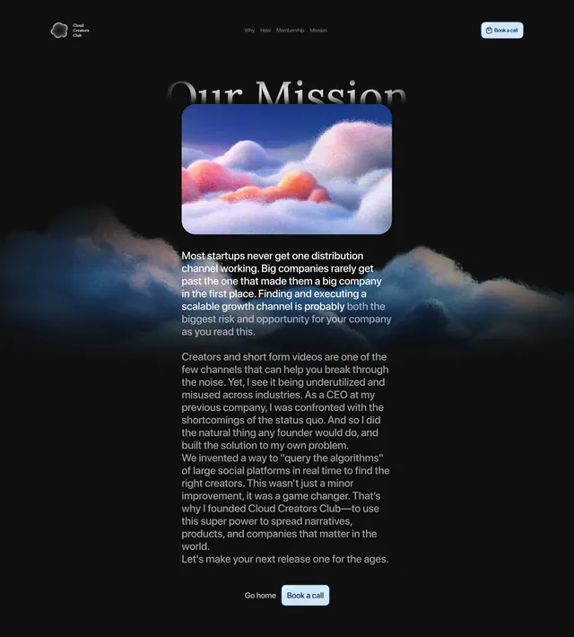 Dark mission statement with soft-cloud illustration, minimal, corporate-clean, dark