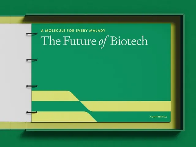 Biotech editorial cover with deep green and yellow blocking, editorial, corporate-clean, cool