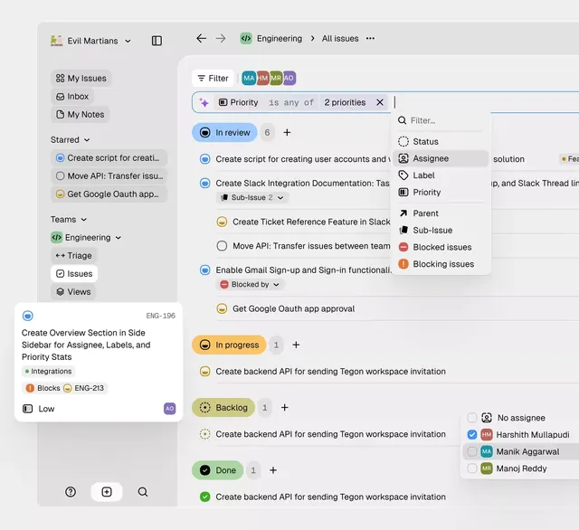 Software issue tracker with status filters and sidebar navigation, minimal, corporate-clean, light