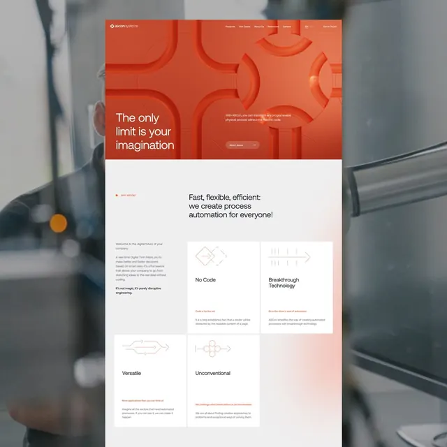 Ascon Systems: red hero with flowing organic shapes, minimal, geometric, warm