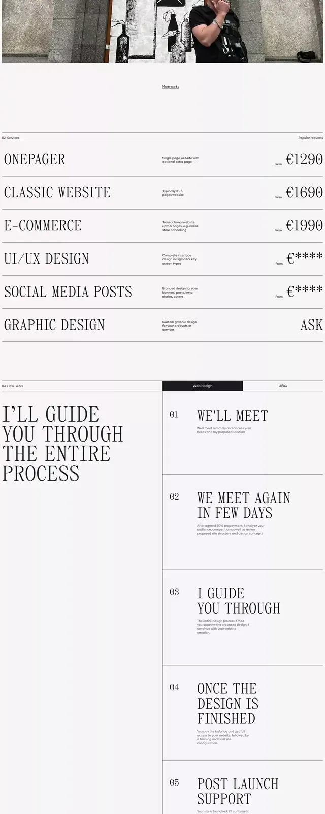 Warm minimalist portfolio layout with photography, minimal, corporate-clean, light