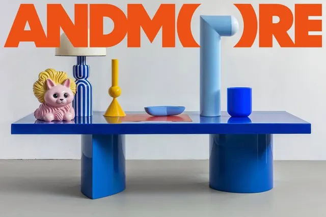 ANDMORE oversized type with playful ceramic-object styling, minimal, geometric, vibrant