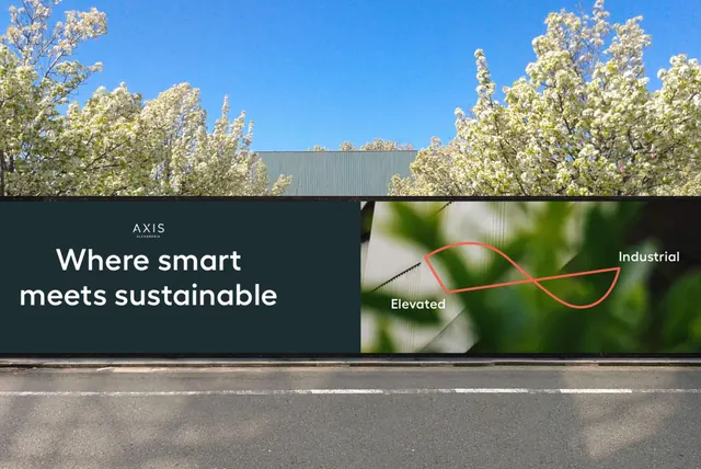 Split-composition billboard with brand messaging, corporate-clean, minimal, dark