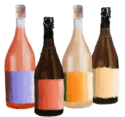Colorblock bottle labels with complementary gradients, flat, boxed, high-contrast