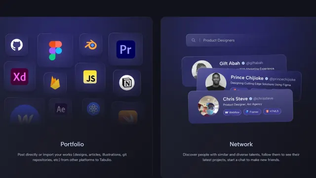 Dark portfolio and network dashboard with app icons, dark-mode, minimal, dark