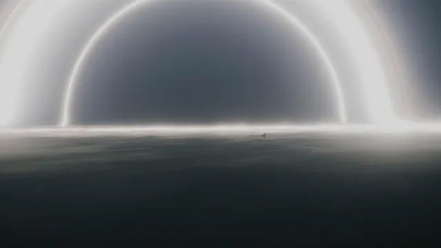 Minimal sci-fi landscape with glowing arch, minimal, gradient-heavy, light