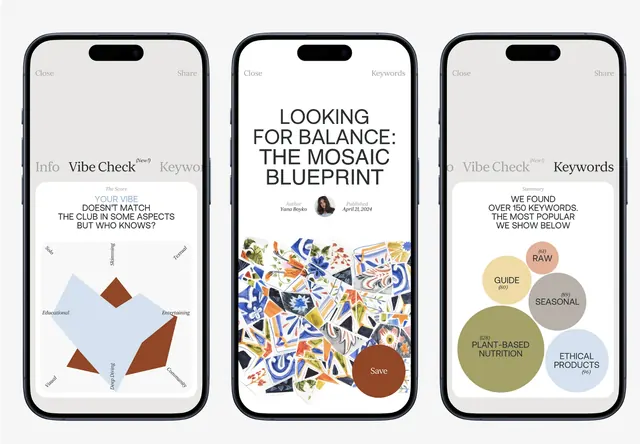 Three-screen mobile mockup with branded content, minimal, geometric, monochrome