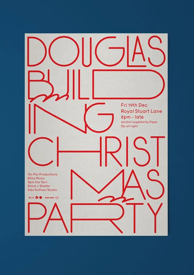 Douglas Bulld Christmas party poster, minimal, retro, light