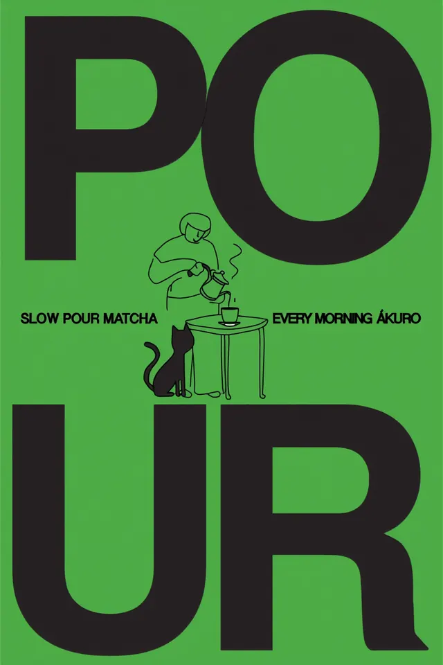 Bold green typographic poster, POUR, minimal, geometric, vibrant