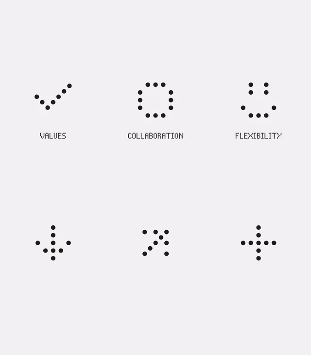 Dot-matrix organizational values icons, minimal, geometric, monochrome