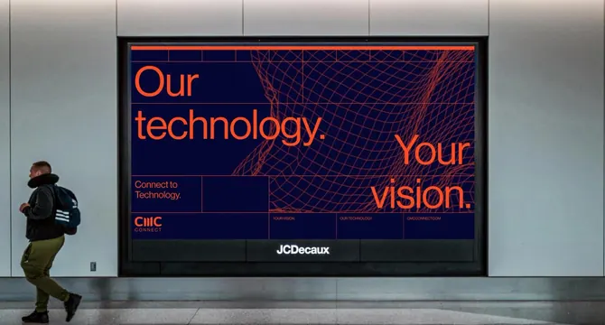 Navy and orange geometric grid outdoor billboard, corporate-clean, technical, dark