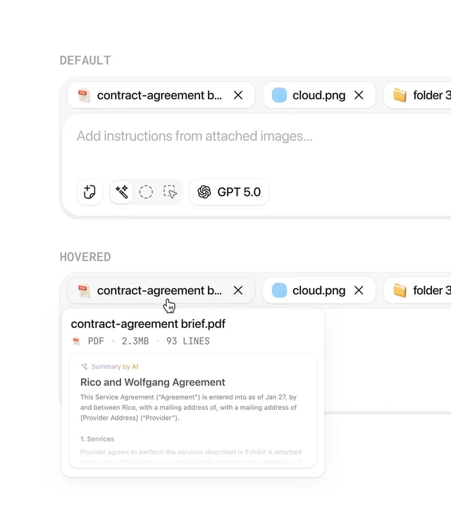 AI document processor minimal UI with file management and tabs, minimal, technical, light