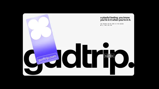 Gudtrip brand identity with gradient phone mockup and bold wordmark, minimal, playful, light