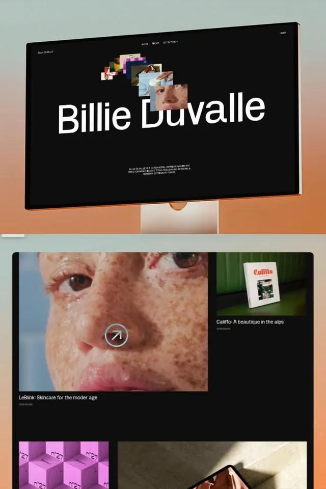 Billie DuValle portfolio hero mockup, dark-mode, photographic, dark