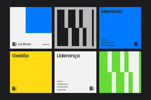 Mentoria brand identity system with geometric modules, minimal, geometric, dark