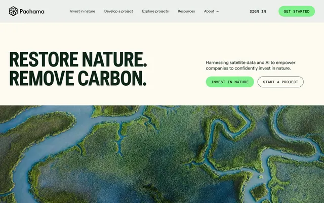 Nature investment platform hero with aerial landscape, minimal, corporate-clean, light