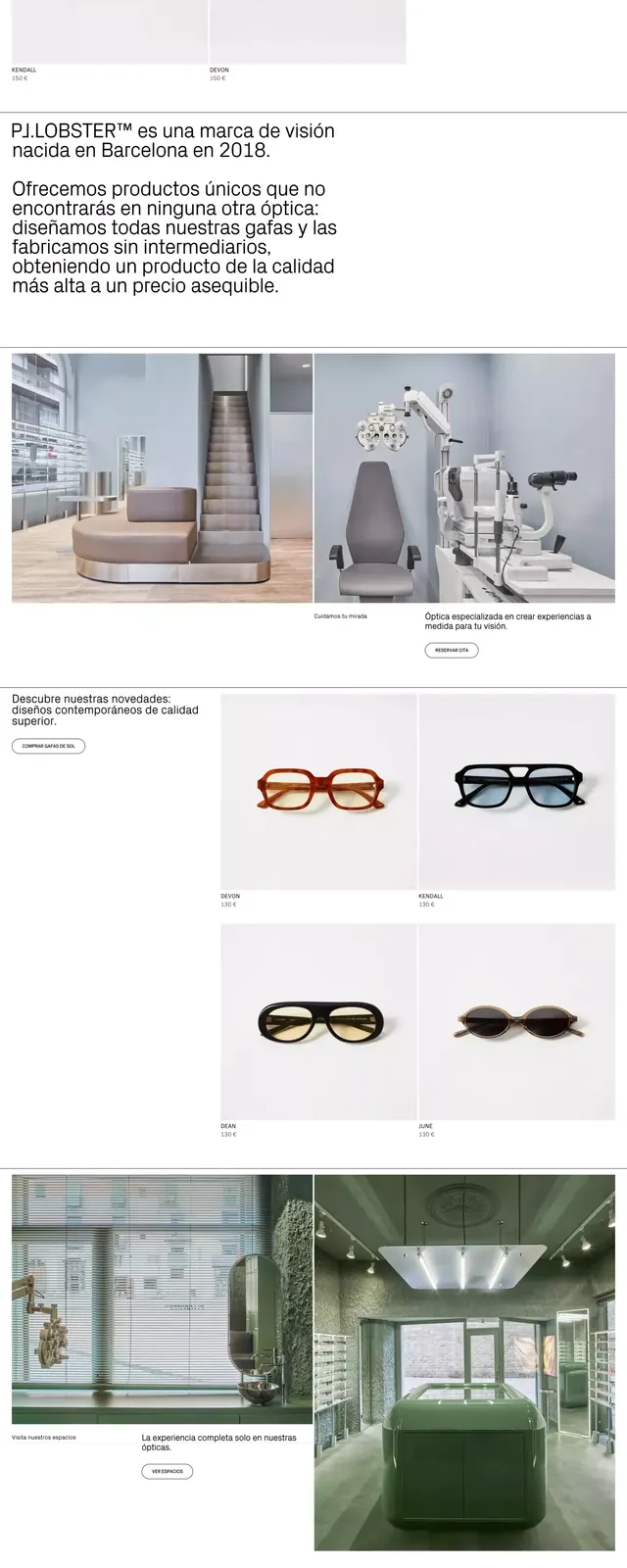 Eyewear e-commerce product grid with lifestyle imagery, minimal, photographic, light